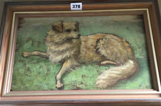 Oil portrait of a recumbent dog(-)